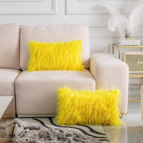 Home Brilliant Yellow Fur Pillow Covers Decorative Faux Fur Oblong Fuzzy Throw Pillow Cover for Couch Sofa Bed, 12x20inches, 30 x 50cm, Set of 2