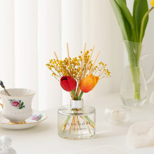 Cocod'or COCODOR Tulip & Preserved Real Flower Reed Diffuser/Floral Bouquet / 6.7oz(200ml) / 1 Pack/Reed Diffuser Set, Oil Diffuser & Reed Diffuser Sticks, Home Decor & Office