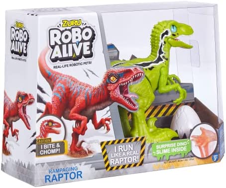 Robo Alive Rampaging Raptor (Green) by ZURU Dinosaur Toy with Realistic Dinosaur Movement That Bites and Chomps with Slime in Dino Egg, Robotic Pets for Boys and Kids (Green)