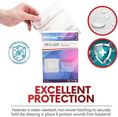 HEALQU Bordered Gauze Island Dressing - 50 Count, 2" x 2" Sterile Individually Wrapped Gauze Pads with Water-Resistant, Non-Woven Backing - Soft and Breathable Wound Dressing for First Aid and Medical