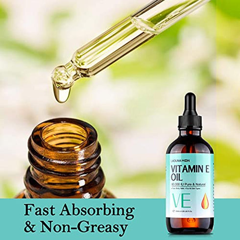 Vitamin E Facial Oil - 80000IU Pure Organic Vitamin E for Moisturizing & Nourishment - Reduce Scars, Fine Lines, Dark Spots, Stretch Marks - for Face, Skin, Body & Nails (120mL / 4.05fl oz)