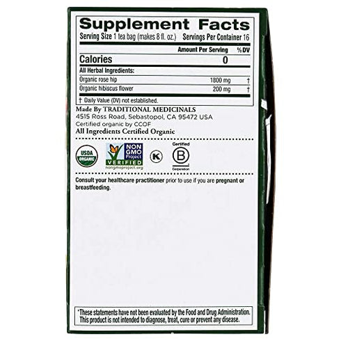 Traditional Medicinals Organic Rose Hips with Hibiscus Herbal Tea, 16 Tea Bags (Pack of 1)