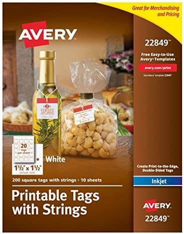 Avery Printable Blank Square Gift Tags with Sure Feed, 1.5" x 1.5", White, 200 Customizable Tags with Strings (22849)