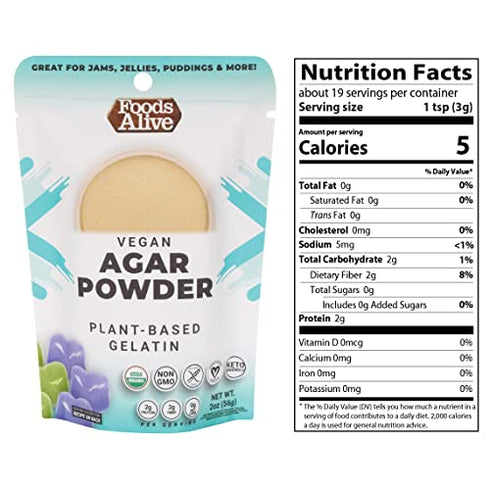 Foods Alive Organic Agar Agar Powder - 2oz Vegan Gelatin Substitute, Gluten Free, Plant Based, Kosher, Unflavored, Thickener. Great for Vegan Cheese, Keto Food and other Whole Foods (1-Pack)