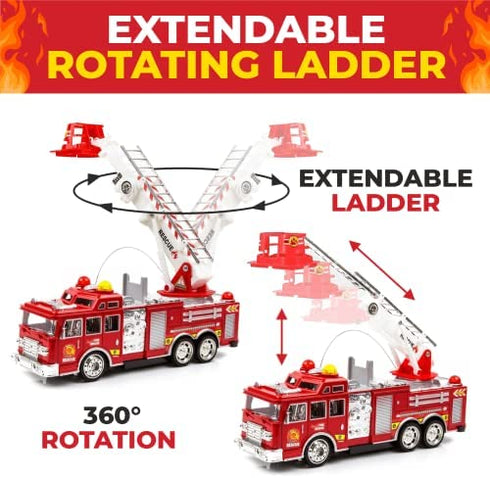 Toysery Fire Truck Toy with 3D Flashing Lights, Siren and Fire Fighter Sounds Effects. Extendable Rotating Rescue Ladder for Boys & Girls 3 -7+ Years Old