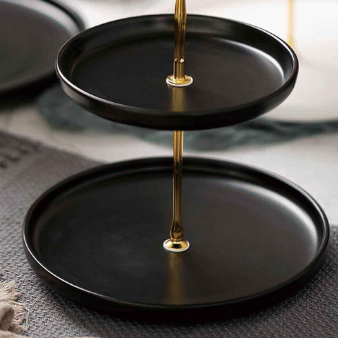 Small 2-Tier Ceramic Porcelain Cupcake Stand, Tiered Serving Stand, Dessert Stand,Fruit Candy Tower, Serving Tray Platter for Birthday/Tea/Wedding/Baby Shower/Buffet Server(Black 6" x 8")