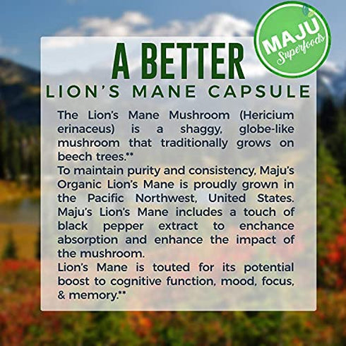 MAJU Organic Lions Mane Mushroom Capsules 90ct, Fruiting Bodies Steam Extract, Organic Mushrooms w/ Black Pepper Extract, Hericium Erinaceus