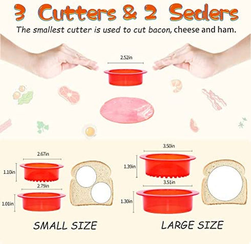 HiYZ Sandwich Cutter and Sealer - 5 PCS Decruster Sandwich Maker for Uncrustables - Peanut Butter and Jelly Crustless Sandwich Bread Pancake Maker Cookie Cutter for Kids Children Boys Girls(Red)