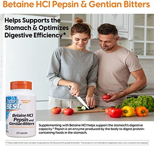 Doctor's Best Betaine HCI Pepsin & Gentian Bitters, Digestive Enzymes for Protein Breakdown & Absorption, Non-GMO, Gluten Free, 120 Caps, Original Version (DRB-00163)