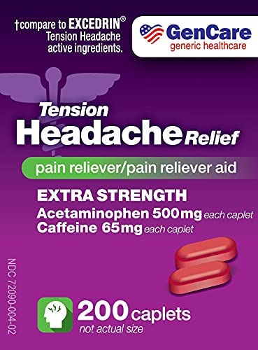 GenCare - Tension Headache Relief Pain Reliever with Acetaminophen 500 mg and Caffeine 65 mg (200 Caplets) Value Pack | Extra Strength for Head and Body Aches | Generic Excedrin Tension Headache