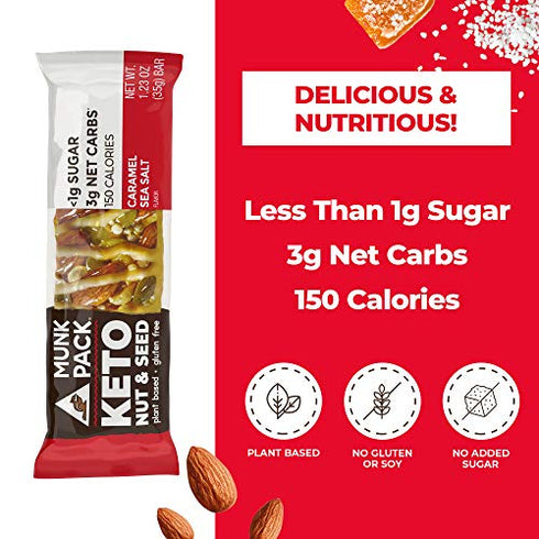 Munk Pack Keto Nut & Seed Bar | Caramel Sea Salt | 4 Bars | Low Carb Keto Snack | Plant Based and Gluten Free Treat | No Added Sugar | Keto Food | Keto Candy Bar | <1g Sugar, 3g Net Carbs,1.23 Ounce (Pack of 4)