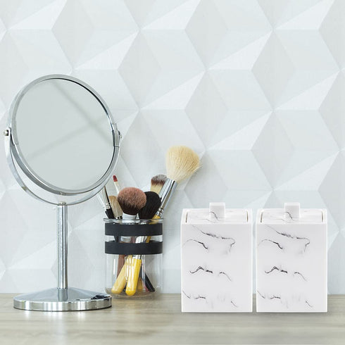 Sanbege 2 pcs Cotton Swab Holder with Lid, Resin Q-Tips Container, Cotton Ball Canister for Vanity, Dresser Counter, Bathroom Sink Organizer (White Marble)