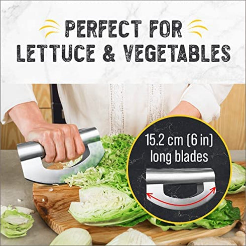 Checkered Chef Mezzaluna Salad Chopper - Stainless Steel Rocker Knife for Lettuce & Vegetables w/ Blade Covers?