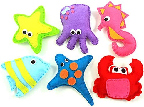 Jueybean Kid Craft Felt Kit - 6 Cute Sea Animals Beginners Sewing Kits - Little Kids Ages 7 to 12 - Easy Childrens First Sew Kit - Great for Travel - Fun Beginning DIY Crafting for Girls and Boys