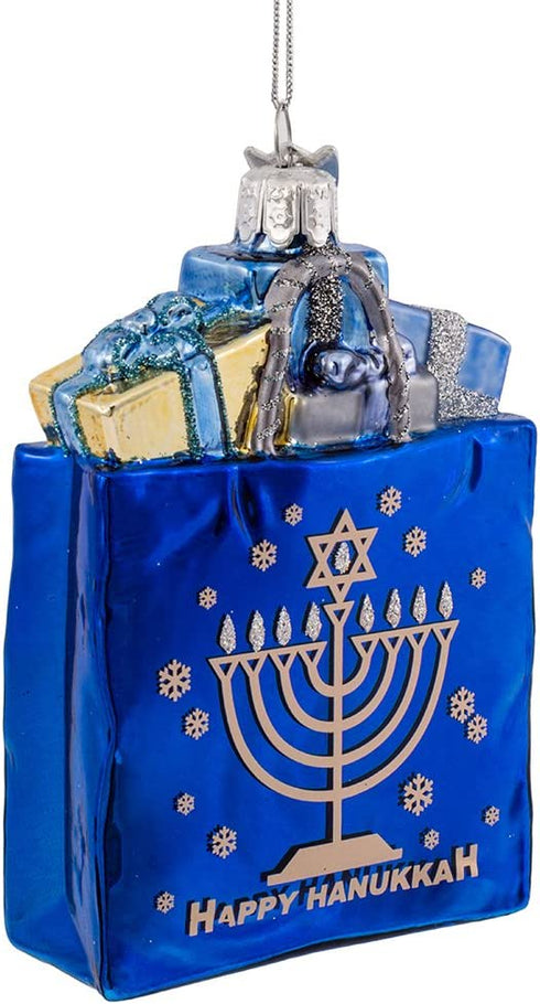 Kurt Adler 4" Noble Gems Happy Hanukkah Glass Gift Bag Ornament (NB1126)