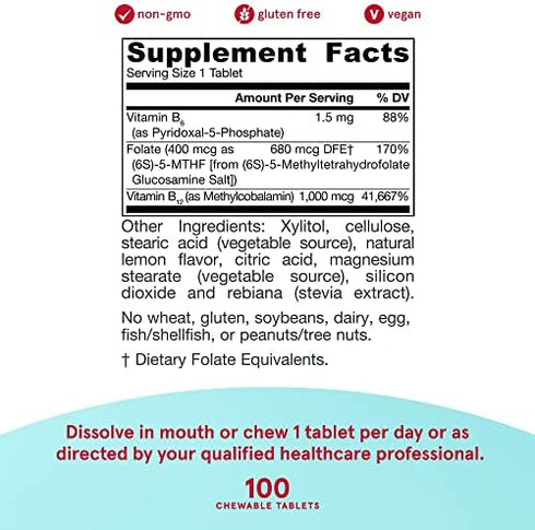 Jarrow Formulas Extra Strength Methyl B-12 & Methyl Folate-100 Chewable Tablet, Lemon Flavored-Bioactive Vitamin B12 & B9-Cellular Energy & Cardiovascular Support- Non-GMO & Gluten Free