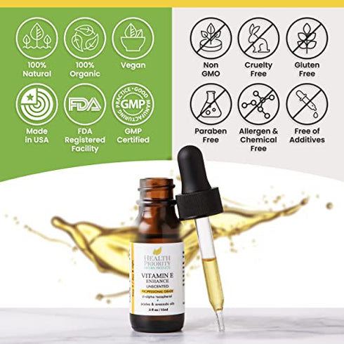 Organic Vitamin E Oil for Skin & Scars |100% Pure Natural Vitamin E Serum Hand Made in South Carolina | 15000 IU Vitamin E for Face & Hair| Non-GMO, Gluten & Cruelty Free, Vegan | Unscented 0.5 Fl Oz