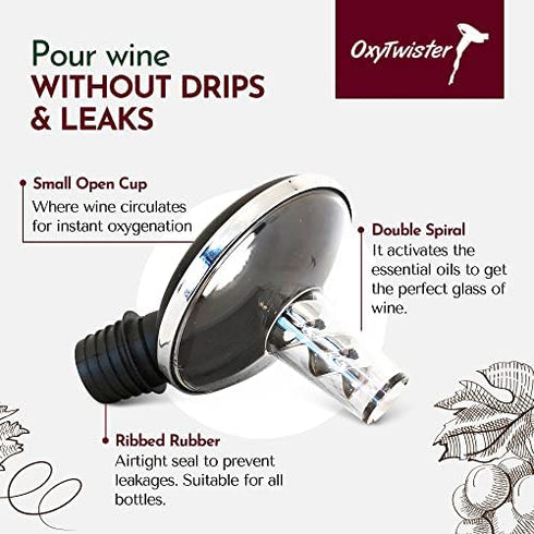 OxyTwister Wine Aerator Pourer-Premium Aerating and Decanter Spout-Improves Wine Taste and Aroma-Prevent Wine Leak-Red Wine Bottle Stopper-Portable Wine Accessories