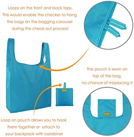 BeeGreen Reusable Grocery Bags 5 Pack, Grocery Tote Folded into Attached Pouch, Ripstop Polyester Shopping Bags, Washable, Durable and Lightweight (Black,Royal,Navy,Teal,Moss)