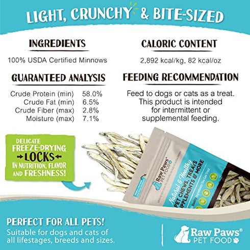 Raw Paws Pet Freeze Dried Minnows for Dogs & Cats, 2-oz - USA Fish Dog Treats - All Natural, Single Ingredient Minnow Cat Treats - Raw Freeze Dried Dog Snacks - Grain Free Cat Reward