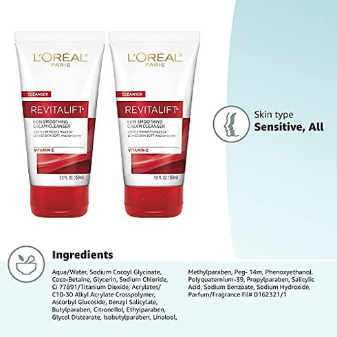L'Oreal Paris Skincare Revitalift Radiant Smoothing Wet Facial Cream Cleanser with Vitamin C, Gentle Makeup Remover, Face Wash for All Skin Types, 2 count