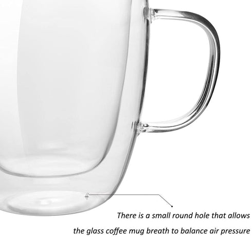 HORLIMER 15 oz Double Walled Insulated Glass Coffee Mugs Set of 2, Clear Coffee Cup with Handle for Espresso Cappuccino Latte Tea Milk Juice