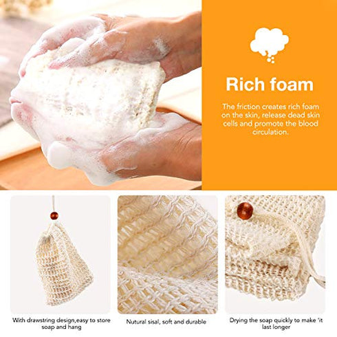 10 Pcs Soap Saver Bag Exfoliating Pouch Mesh and Natural Sisal Soap Bag Ramie Soap Sock Bag Sisal Loofah Net Bags 5 Wall Hooks for Massaging & Scrubbing 5 Wall Hooks