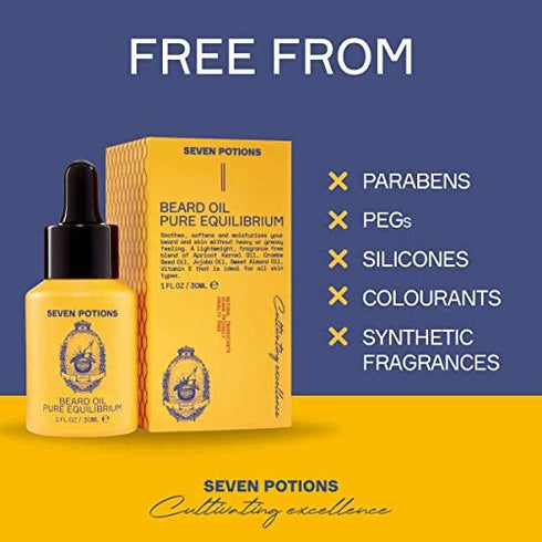 Beard Oil 1 fl oz by Seven Potions. Fragrance Free Beard Softener. Stops Beard Itch. Natural Beard Conditioning Oil. Contains Jojoba Oil (Pure Equilibrium)