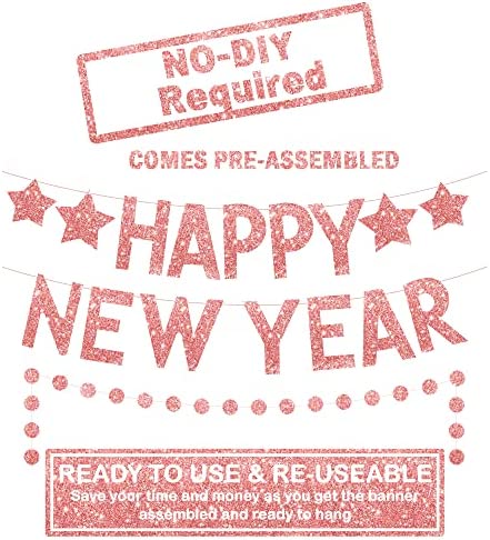 Rose Gold Glitter, Happy New Year Banner - No DIY, 2 Strings | Happy New Year Sign Happy New Year Decorations 2023 | New Years Eve Party Supplies 2023 | New Years Eve Banner, New Years Eve Decorations