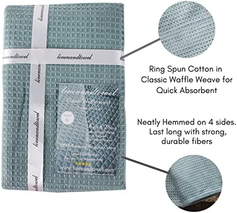 Linen and Towel Set of 6 Kitchen Towels, Super Absorbent 100% Cotton Dish Towel for Drying Dishes, Dish Cloth, 18 x 28 in, with Hanging Loop, Waffle Weave Bar Towels & Tea Towels, Turquoise