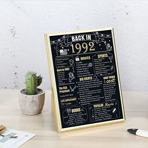 30th Birthday Party Decorations Framed 1992 Poster Supplies Anniversary Card Gifts for Men & Women Turning 30 Years Old - Black(Back in 1992)