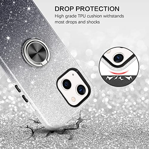 BENTOBEN Case for iPhone 13, iPhone 13 Phone Case, Slim Glitter Case with 360° Ring Holder Kickstand Magnetic Car Mount Supported Protective Girls Women Men Boys Cover for iPhone 13 6.1" 5G, Black