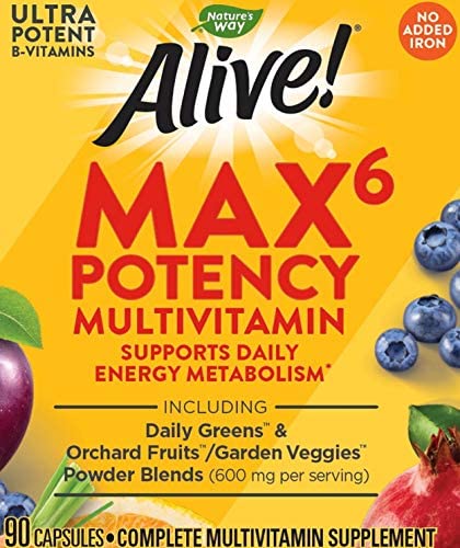 Nature’s Way Alive! Max6 Potency Multivitamin, Whole Body Nutrition, High Potency B-Vitamins, 90 Capsules