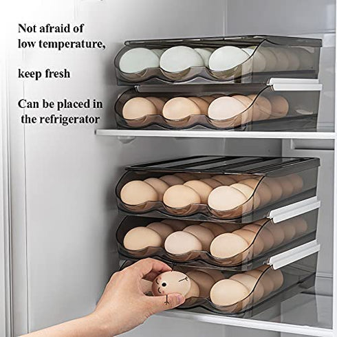 Egg holder for refrigerator Automatic Rolling, Egg Storage box Brown Transparent Drawer, Egg Tray Fridge Organizer For Household, Smart Stackable Devil Egg Container with Lid (Two Layers)