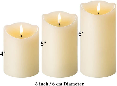Eywamage Real Wick Wax Flameless Candles with Remote Set of 3, Electric LED Pillar Candles Battery Operated Ivory Timer Fake Candles, 3 Inch Diameter 4 5 6 Inch Tall