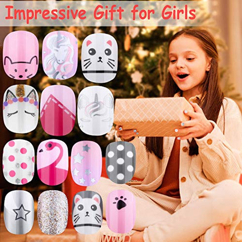 144 Pcs Fake Press on Nails for Kids, Thrilez Kids False Nails Children Artificial Fake Nail Tips Pre Glue Full Cover Short Nails for Girls Kids Teens Nail Art Decoration (Pink Series)