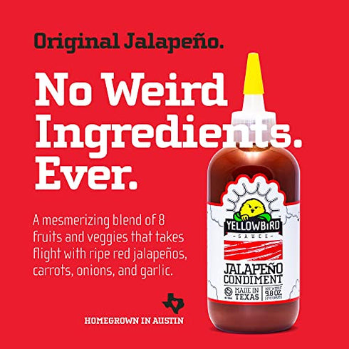 Jalapeno Hot Sauce by Yellowbird - Jalapeno Hot Sauce with Red Jalapeno Peppers, Carrots, Onions, and Garlic - Plant-Based, Gluten Free, Non-GMO Hot Pepper Sauce - Homegrown in Austin - 9.8 oz