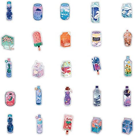 Fashionable Cartoon Beverage Bottle Stickers Pack 50Pcs Colorful Waterproof Cute Stickers for Flask, Laptop, Water Bottle, Cute Aesthetic Vinyl Doodle Decals (Sweet Drinks)