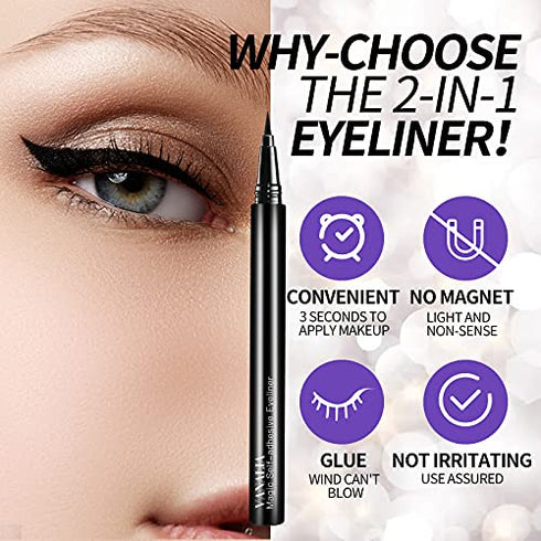 VANALIA 2-in-1 Eyeliner Instead of Lash Glue? Black Eyelash Glue Pen for False Lashes, Liquid Magnetic Eyeliner, Magic Self-Adhesive Eyeliner, Extra Strong Hold for EyeLashes(2pcs)
