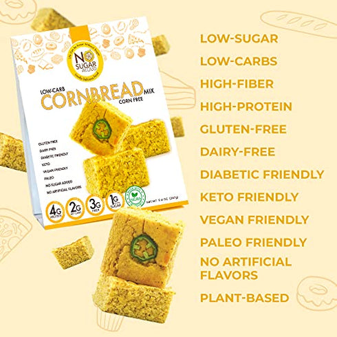 Low Carb Corn-Free Corn Bread Mix, Gluten-Free & Plant-Based Keto Bread Mix, High Protein & High Fiber, No Artificial Flavors, Dairy-Free & Paleo-Friendly, No Added Sugar, 9.4 oz - No Sugar Aloud