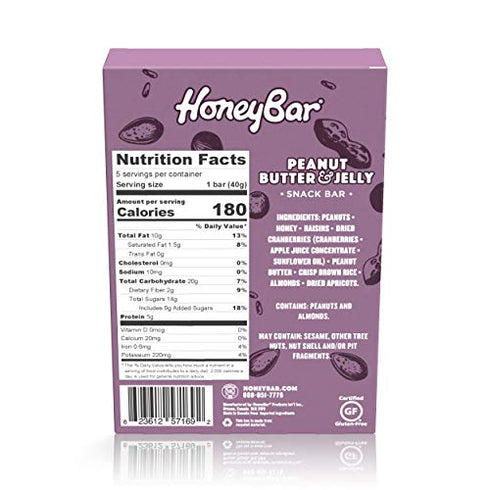 HoneyBar Snack Bar, Peanut Butter & Jelly, Gluten-Free, Non-GMO, Vegetarian, 1.4 oz bar, 5 count