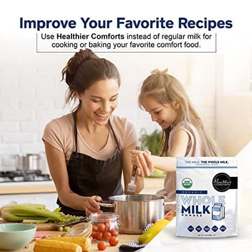 Healthier Comforts Organic Whole Milk Powder | Certified USDA Organic Powdered Milk | Kosher, Gluten Free, Non-GMO Dry Milk Powder Whole Milk | Dried Milk w/ Resealable Packaging, Shelf Stable Milk 7oz