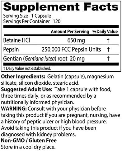 Doctor's Best Betaine HCI Pepsin & Gentian Bitters, Digestive Enzymes for Protein Breakdown & Absorption, Non-GMO, Gluten Free, 120 Caps, Original Version (DRB-00163)