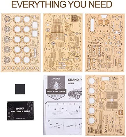 ROKR 3D Wooden Puzzle for Adults-Mechanical Car Model Kits-Brain Teaser Puzzles-Vehicle Building Kits-Unique Gift for Kids on Birthday/Christmas Day(1:16 Scale)(MC401-Grand Prix Car)