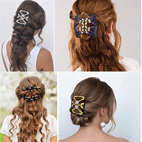 Aethland 4 Pcs Hair Combs for Women Accessories, Comby Magic Hair Comb for Women Wood Beaded Stretch Double Hair Side Combs Clips Elastic Beaded Hairpins Combs (Set A)