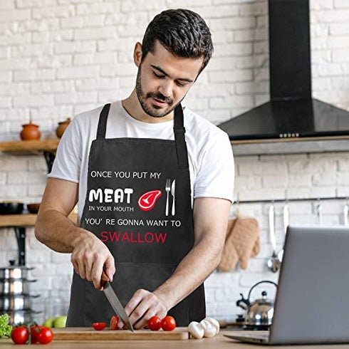 Funny Apron, BBQ Grill Apron with 2 Pockets, Funny Aprons for Men, Women, One Size Fits All, Cooking Aprons, Personalized Apron, BBQ Gift Apron for Father, Christmas Gift - Once You Put My Meat In