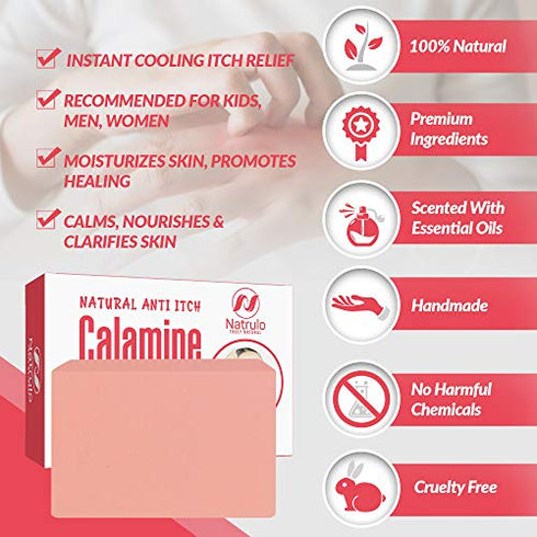 Natural Instant Itch Relief Soap Bar - Calming Calamine Soap for Itchy Skin, Bug Insect Mosquito or Ant Bite, Eczema, Poison Ivy Rash, Chicken Pox - Pure Raw Anti-Itch Defense Cleansing Skincare