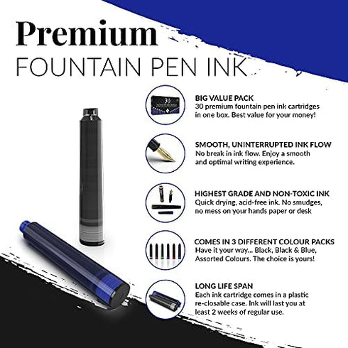 Wordsworth & Black Fountain Pen Ink Refills - Set of 15 Black - 15 Blue Ink Cartridges - International Standard Size - Length APPR 2.04 Inch - Base Diameter APPR 0.24 Inch - Disposable and Generic