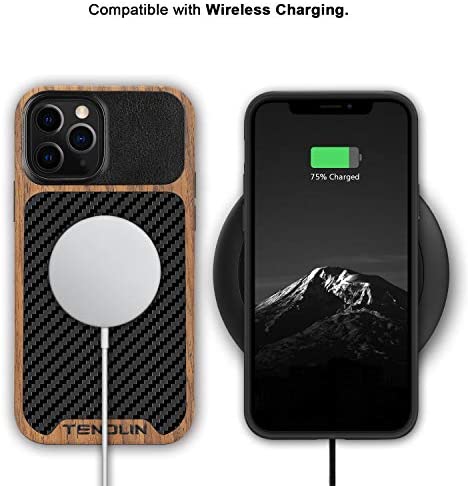 TENDLIN Compatible with iPhone 12 Pro Max Case Wood Grain with Carbon Fiber Texture Design Leather Hybrid Case Black