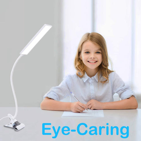 LED Desk Lamp Reading Light, JUANWE Clip on Light, Dimmable Clamp Light with USB Charging Port, 3 Modes & 14 Brightness Levels 5W LED Metal Clip Light, White